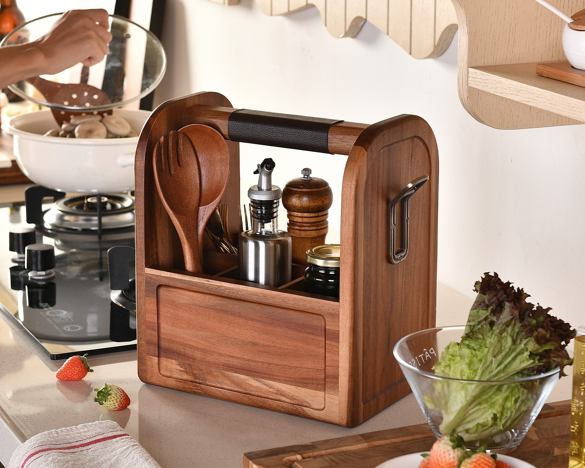 Natural Wooden Kitchen Utensil Holder with Bottle Opener & Storage – World  of shanik
