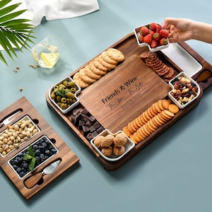 Acacia Multisectional Cheese Board and Knife Set Wooden Serving Tray for Food  Meat and Cheese Platter  Personalized Gift for Home