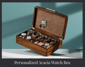 Personalized 10 Year Anniversary Watch Box For Men, 10 Slots Engraved Storage, Large Wooden Organizer For Small Accessories, Customized Gift