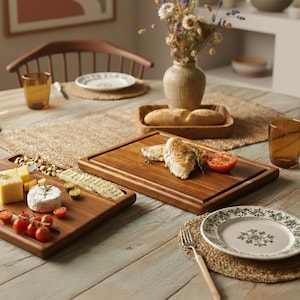 Pode incluir: Duas tábuas de servir de madeira, uma com frango cozido e tomate, a outra com queijo, bolachas e tomates. Um prato com um desenho floral e um copo de líquido âmbar estão sobre a mesa. Um vaso com flores também é visível.