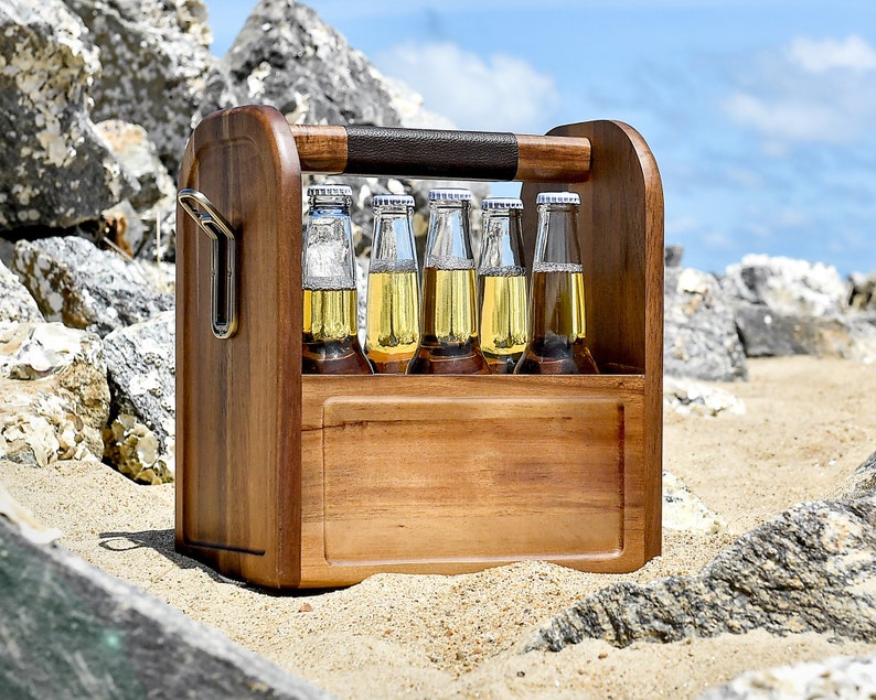 Customized Boss Wooden Beer Caddy, Large Engraved Liquor Holder with Bottle Opener, 6 Pack Acacia Cocktail Crate, Personalized Gift For Men image 1