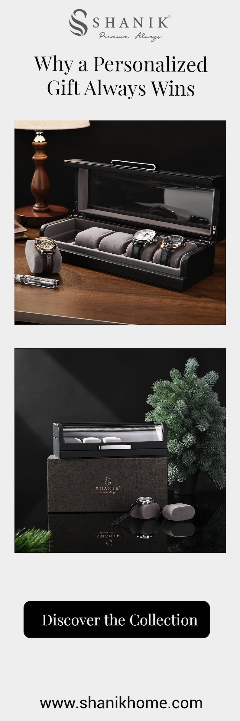 The image is a promotional advertisement for a personalized gift box, featuring a watch and a potted plant on a wooden surface.