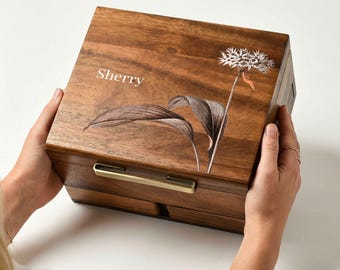 Floral Print Personalized Wooden Jewelry Box for Mom Custom Gift for Women 40th Birthday for Sister Organizer with Drawers and Hinged Lid