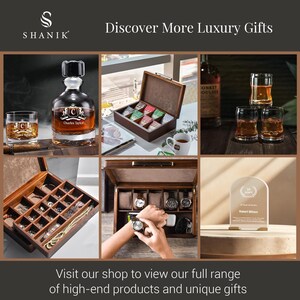 The image is a collage of six different images showcasing various luxury gifts and products, including a bottle of whiskey, a wooden box, a glass of whiskey, a wooden box with a watch, a glass of whiskey, and a glass of whiskey. The collage also includes a person's hands holding a watch and a person's hands holding a gift box. The image does not contain any text, and the focus is on the products and gifts displayed.