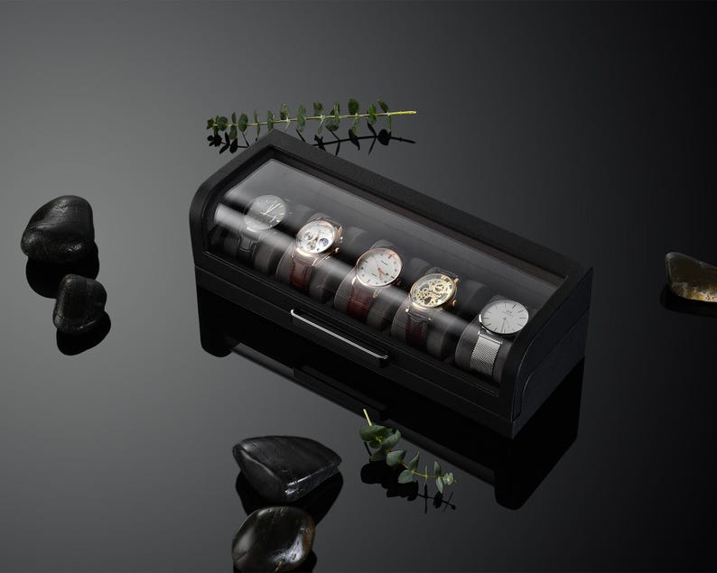 Personalized Box for 5 Watches Custom Engraved Watch Display Case Leather Watch Box for Men Customized Black Valentine or Wedding Gifts image 2