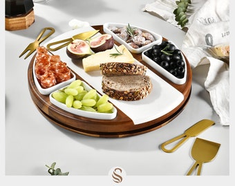 Marble and Wood Lazy Susan Turntable Cheeseboard, Rotating Charcuterie Board with Dipping Bowls, Wooden Eco Friendly Wedding gift for Couple