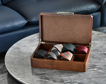 Luxury Tie Organizer, Decorative Storage Box for 8 Ties, Personalized Wood Box with Lid, Custom Gift for Boss Male, Retirement or Promotion