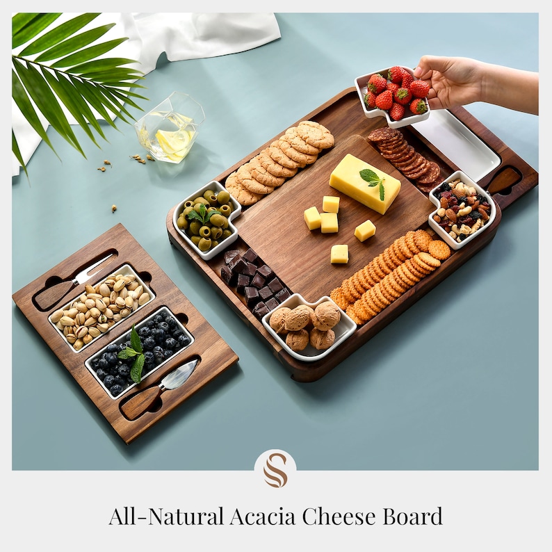 Acacia Multisectional Cheese Board and Knife Set, Wooden Serving Tray for Food, Meat and Cheese Platter, Mothers Day Gift image 8