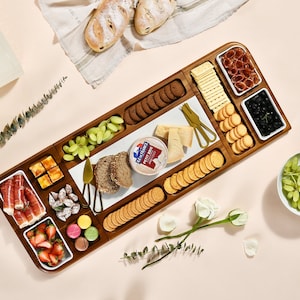 Shanik Wood Marble Cheese Board Set with 4 Ceramic Bowls and Cutlery Set, Expandable Extra Large Charcuterie Board Gift Set for Any Occasion