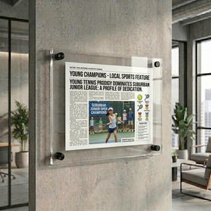 May include: A clear acrylic wall-mounted display frame holding a printed newspaper article titled Young Champions - Local Sports Feature. The frame is secured with four black circular standoffs at the corners, showcasing a tennis-themed report.