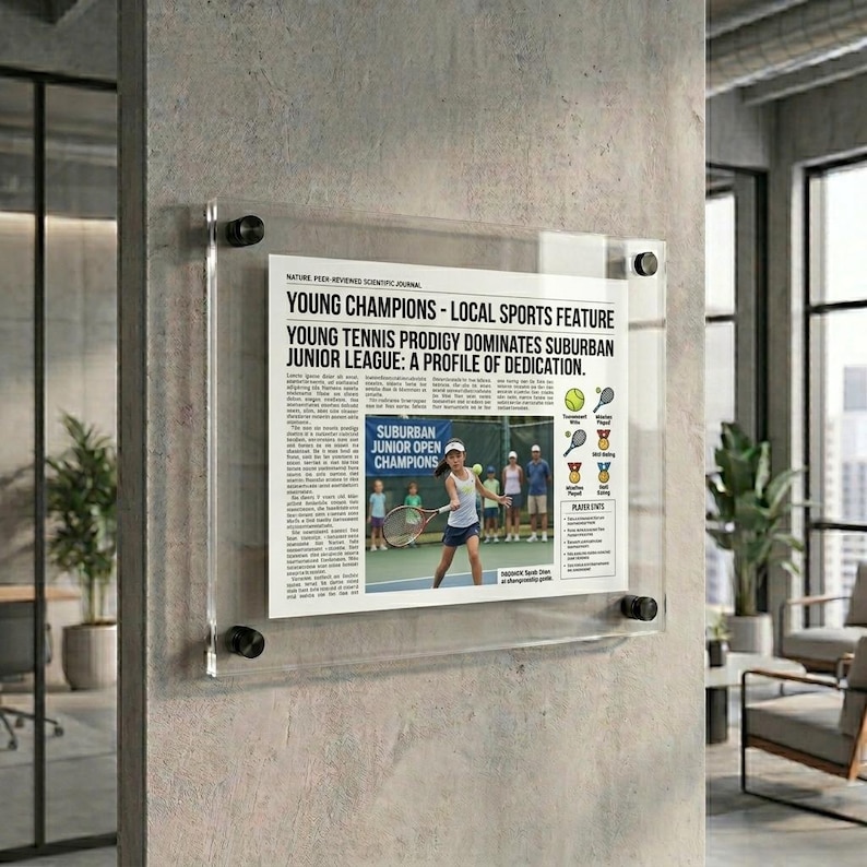 May include: A clear acrylic wall-mounted display frame holding a printed article titled Young Champions - Local Sports Feature. The frame is secured with four black circular standoffs at the corners, showcasing a tennis-themed news clipping.