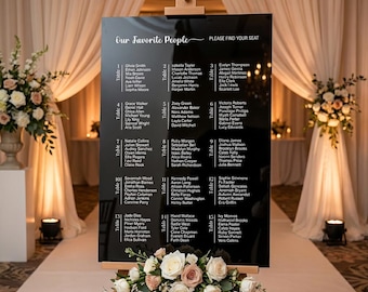 Cartel clásico con plano de asientos para boda, letrero en blanco y negro, elegante plano de asientos para boda, letrero con lista de invitados, plano de mesa de boda de acrílico rectangular