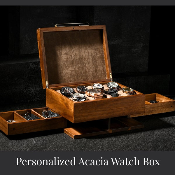 Caja de reloj personalizada para hombres, 8 ranuras divisorias Organizador de exhibición de joyería de madera grabado con citas divertidas