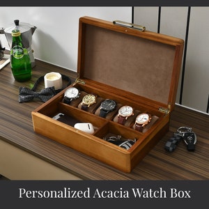 Watch Box For Men, Personalized Watch Storage Box with 5 Slots, Best Wood Organizer for Personal Stuff Like Airpods, small accessories 10