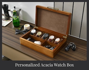 Watch Box For Men, Personalized Watch Storage Box with 5 Slots, Best Wood Organizer for Personal Stuff Like Airpods, small accessories 10