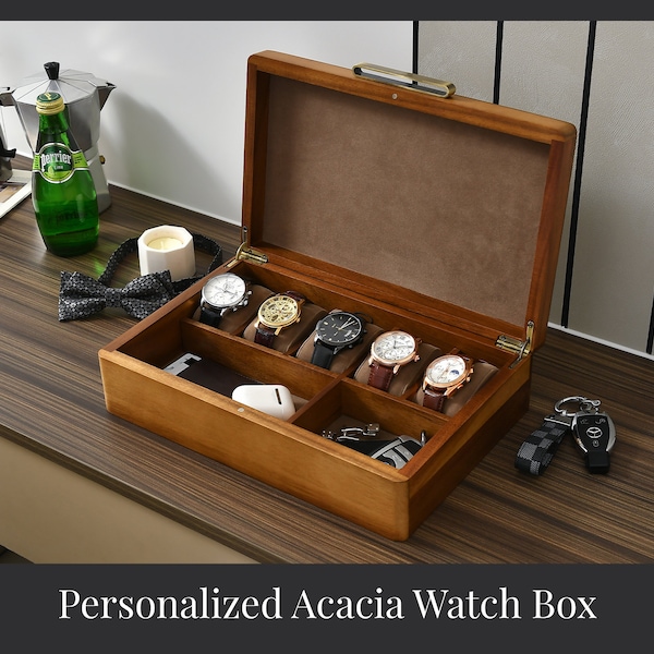 Uhrenbox für Herren, personalisierte Uhrenaufbewahrungsbox mit 5 Fächern, bester Holz-Organizer für persönliche Sachen