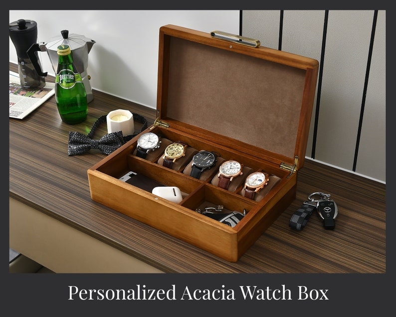 Watch Box For Men, Personalized Watch Storage Box with 5 Slots, Best Wood Organizer for Personal Stuff Like Airpods, small accessories 10 image 1