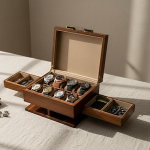 Op de afbeelding: Een houten horlogedoos met een scharnierend deksel en twee uitschuifbare zijlades. De binnenkant is bekleed met beige stof. De doos bevat zes polshorloges op individuele kussentjes, terwijl de zijvakken kleine accessoires en sleutels bevatten.