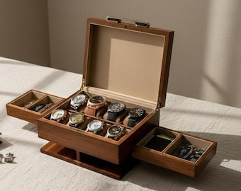 Engraved Rustic Watch Box for Men Dresser Organizer with Divider Pillow Pull-Out Drawer Case for Men Jewelry Fathers Day or Valentine Gift