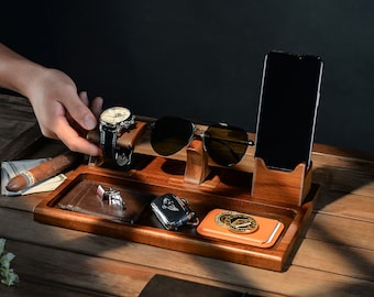 Wooden Valet Everyday Carry Nightstand Organizer Custom Engraved Edc Tray with Removable Phone & Watch Stand, Sunglasses Holder and Key Tray