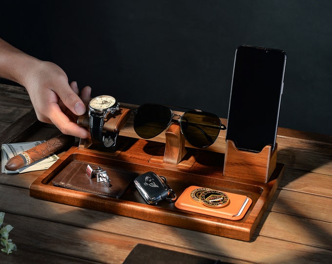 Personalized Docking Station for Men, Custom Engraved Wooden Valet Tray, Practical Bedside Organizer for Watch, Sunglasses, Phone & More