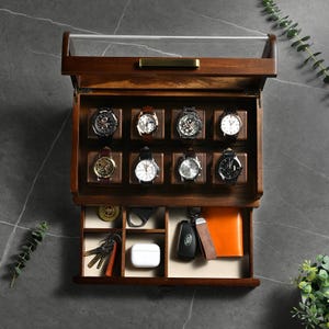 Personalized Acacia Watch Case with Drawer for Sunglasses Rings and Trinkets Laser Engraved 8 Slot Watch Collection Display Box for Men