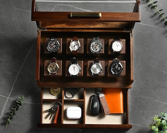 Personalized Acacia Watch Case with Drawer for Sunglasses Rings and Trinkets Laser Engraved 8 Slot Watch Collection Display Box for Men