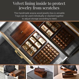 The image is a collage of three photos showing a velvet lining inside a wooden jewelry box, which is designed to protect jewelry from scratches.