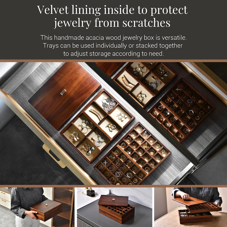 The image is a collage of three photos showing a velvet lining inside a wooden jewelry box, which is designed to protect jewelry from scratches.