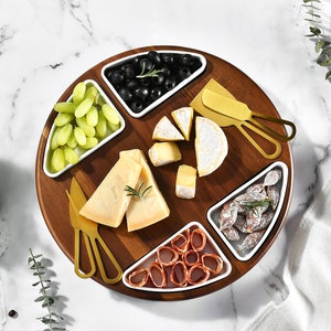 Round Wood Lazy Susan, Engraved Name & Initial Charcuterie Board with Rotating Top, 4 Ceramic Bowls and Cheese Knife Set, Custom Cheeseboard image 1