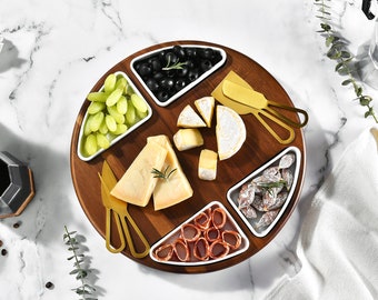 Premium Round Lazy Susan Cheeseboard with 360 Degree Rotating Top with 4 Ceramic Bowls, Round Charcuterie Perfect Wedding Gift.