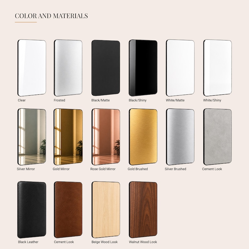 a collection of twelve different mirrors and boards, each with unique color and material combinations.