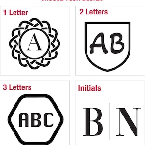 four different designs, each with a different number of letters: 1 letter, 2 letters, 3 letters, and 4 letters.