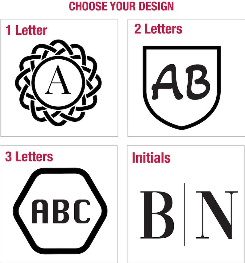 four different designs, each with a different number of letters: 1 letter, 2 letters, 3 letters, and 4 letters.