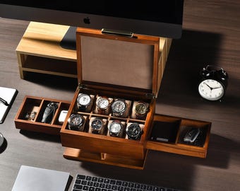 Personalized Rustic Watch Box for Men with Removable Dividers  Pillows and Pull-Out Drawers for Mens Jewelry  Father&#39;s Day or Valentine Gift