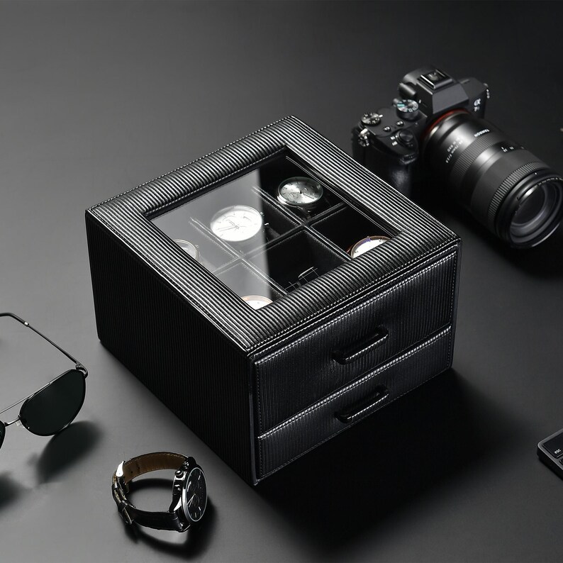 Custom Mens Jewelry Box for Watches Valet Box Organizer with Cufflink & Ring Storage Black Leather Personalized Gifts for Dad from Daughter image 3