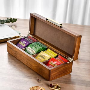 Personalized tea box wood with scent free finish and compartment acacia organizer with lid season tea selection caddy engraved for tea lover