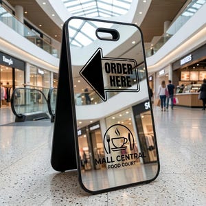 Pode incluir: Um sinal de cavalete preto com superfície reflexiva, apresentando uma seta preta apontando para a esquerda com o texto ORDER HERE e um logotipo com ícone de xícara de café, garfo e faca acima do texto MALL CENTRAL FOOD COURT.