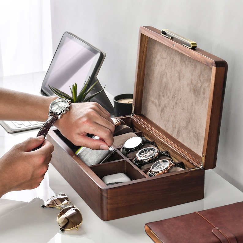 a handmade custom wooden 5-capacious-slot watch box with soft velvet inside for small accessories is the best gift for man