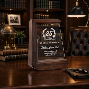 Placa de jubilación de lujo, premio personalizado de cristal transparente con dedicatoria personalizada, marco de madera, elegante decoración de escritorio, regalo de despedida de primera calidad.