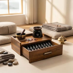 Aufbewahrungsbox für ätherisches Öl Akazienholz Organizer mit Schublade Benutzerdefinierte gravierte Diffusor Kabel Slot Geschenk für Aromatherapie Meditation Raum