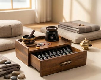 Scatola portaoggetti per oli essenziali in legno di acacia con cassetto, diffusore con incisione personalizzata, fessura per cavo, regalo per spazio di meditazione e aromaterapia