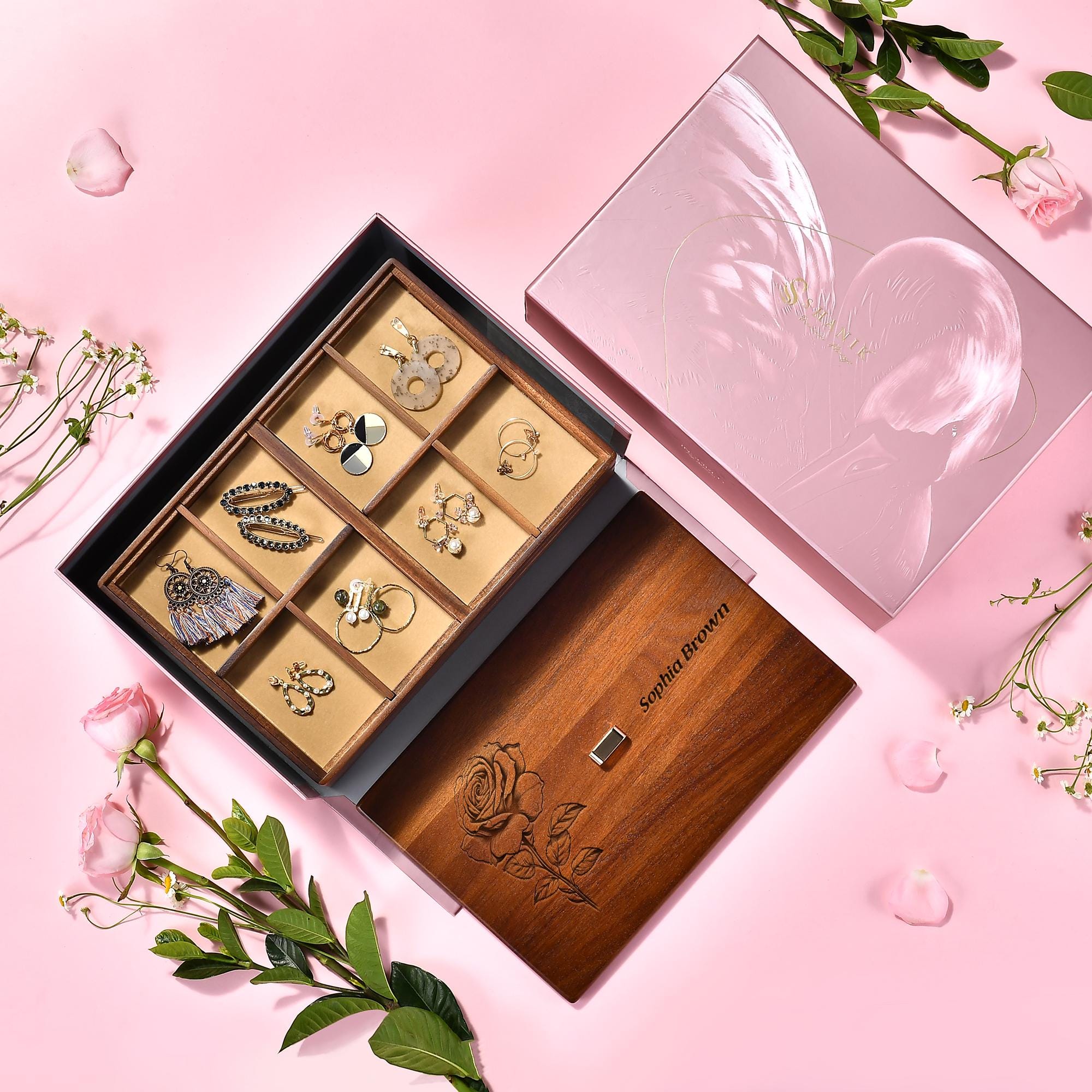 Stackable Jewelry Tray Organizer, Large Wooden Jewelry Box with Compartments & Lid, Custom Engraved Birth Flower Personalized Gift for Women
