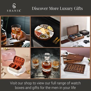 The image is a collage of six different images showcasing various luxury gifts and watch boxes for men.