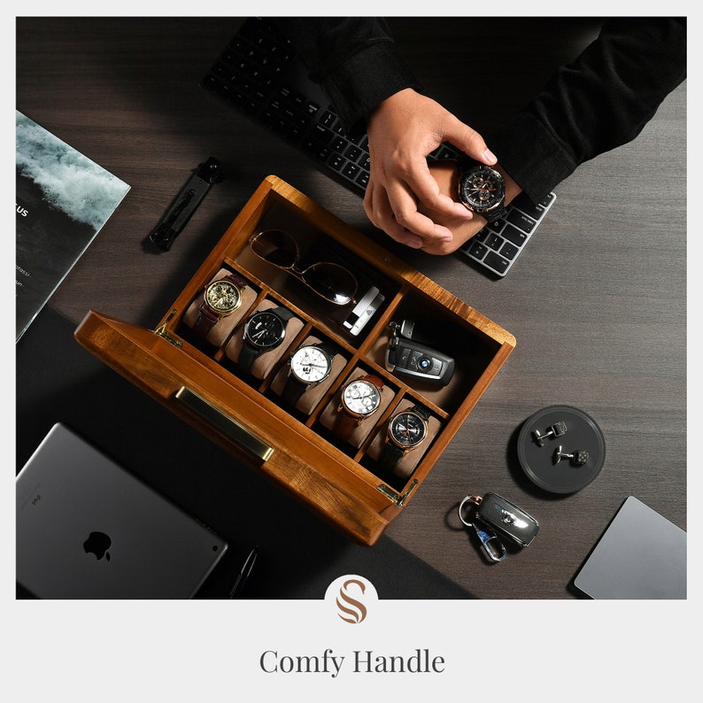Watch Box For Men, Personalized Watch Storage Box with 5 Slots, Best Wood Organizer for Personal Stuff Like Airpods, small accessories 10 image 9
