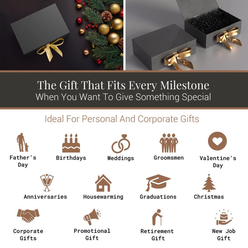 The image is a collage of various gift ideas, including a gift box, a gift card, and icons representing different types of gifts such as personal, corporate, and corporate gifts.