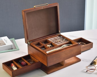 Custom engraved Wooden Box with Compartments  Ring Holder section  Drawers and Removable Jewelry Tray  Heirloom Quality Jewelry Box