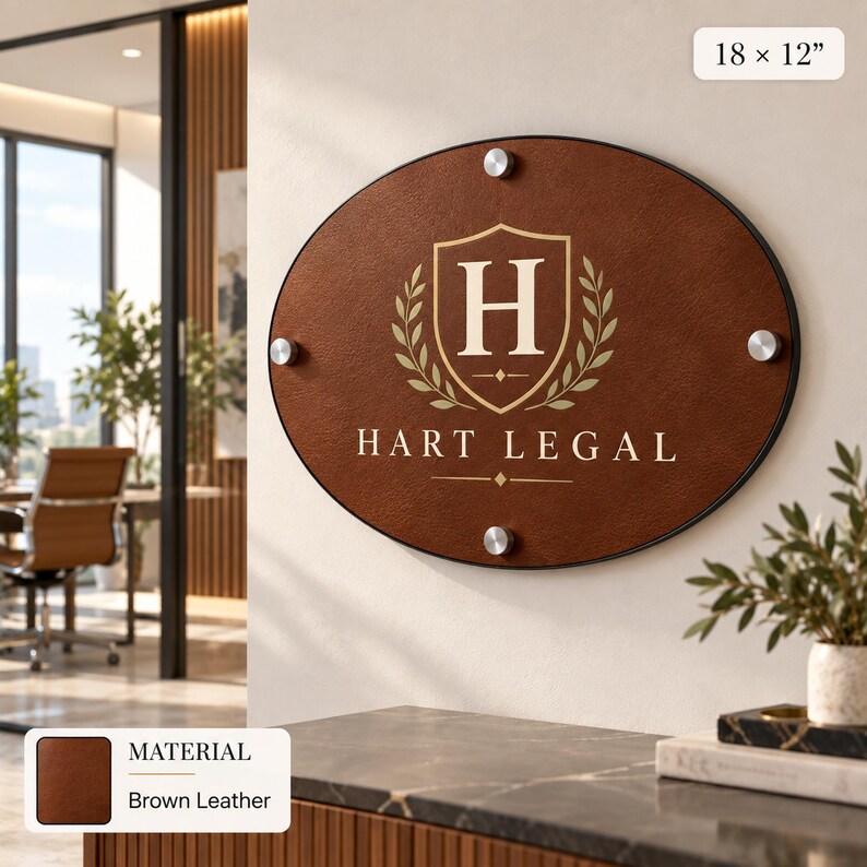 a brown leather sign with the text "HART LEGAL" and a shield-shaped logo, mounted on a wall.