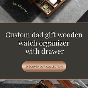 The image showcases a custom wooden watch organizer with multiple compartments, designed to hold and display a collection of watches.