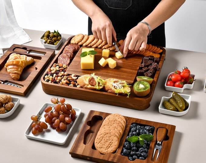 Acacia Multisectional Cheese Board and Knife Set, Wooden Serving Tray for Food, Meat and Cheese Platter, Mother’s Day Gift